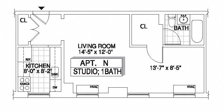 Floor plan for studio, 1 bath, 574 sqft